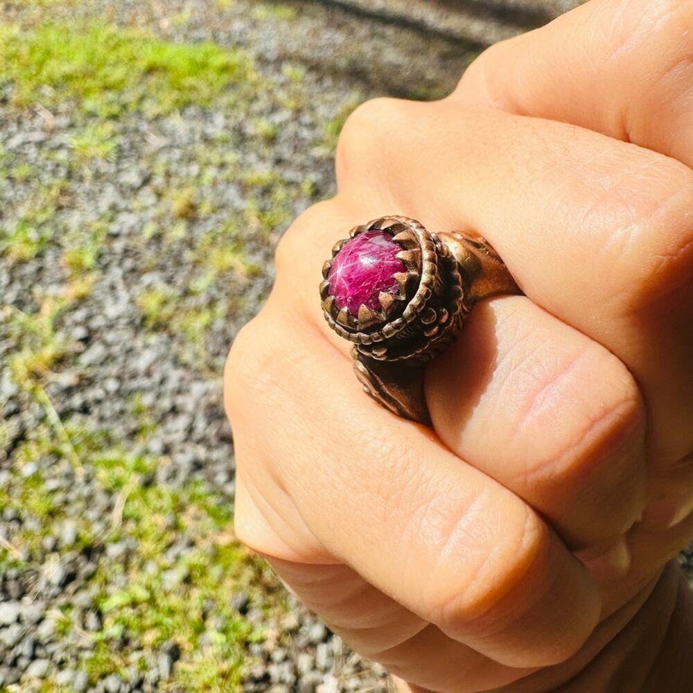 Pink Starburst Star Ruby Pitango Copper Ring Artisan Copper Statement Piece